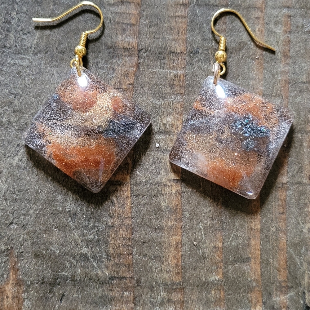 Resin earrings, clear, copper, silver